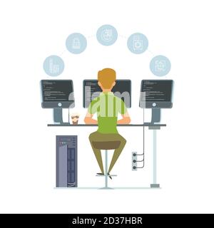 Programmatore, illustrazione vettoriale di lavoratore di tecnologia dell'informazione. Icone di programmazione e sviluppatore di software isolati su sfondo bianco Illustrazione Vettoriale