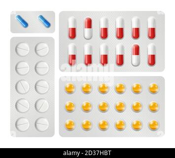 Vettore di impacchettamento di pillole realistico. Farmaci, farmaci, vitamine isolati su sfondo bianco Illustrazione Vettoriale