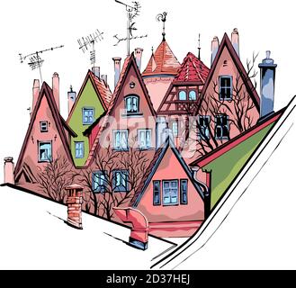 Disegno vettoriale a colori di facciate pittoresche e tetti della città vecchia medievale, Rothenburg ob der Tauber, Baviera, Germania Illustrazione Vettoriale