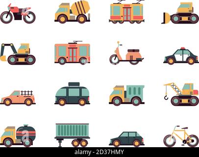 Icone piatte per il trasporto. Veicoli urbani automobili autobus aerei carburante trasporto vettore simboli colorati Illustrazione Vettoriale