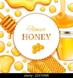 Sfondo miele. Cornice realistica con nido d'ape e appiccicoso miele fattoria fresco spruzzi di cibo vettore immagine con luogo per il testo Illustrazione Vettoriale