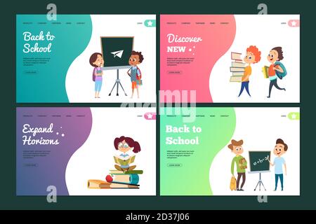 Torna alla pagina di destinazione della scuola impostata. Modello di banner Web vettoriali con studenti di cartoni animati Illustrazione Vettoriale