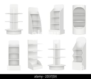 Scaffali vuoti. Scaffale supermercato stand per promozione merchandising marketing vettore realistico mockup Illustrazione Vettoriale