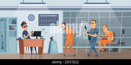 Servizio di polizia. Poliziotto maschile nel suo spazio di lavoro armadio e stanza per i prigionieri immagine vettoriale Illustrazione Vettoriale