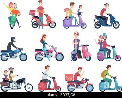 Motociclisti. Driver maschili e femminili in casco su bici corriere veloce caratteri vettore foto collezione Illustrazione Vettoriale
