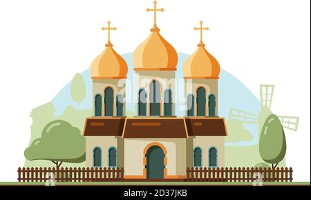 Edificio religioso. Chiesa cristiana tradizionale con campanello vettore piano religione oggetto architettonico Illustrazione Vettoriale