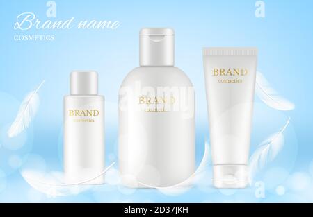 Poster degli annunci estetici. Banner vettoriale con realistiche provette, bottiglie, piume Illustrazione Vettoriale