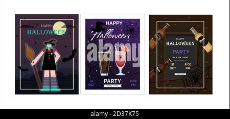Halloween Party Design modello, con zucca, dolci, ragni, streghe, biscotti, palloncini e informazioni di vendita. Volantini per pubblicità, vendite. Una serie di illustrazioni luminose con birra, bevande e cocktail per una festa notturna Illustrazione Vettoriale