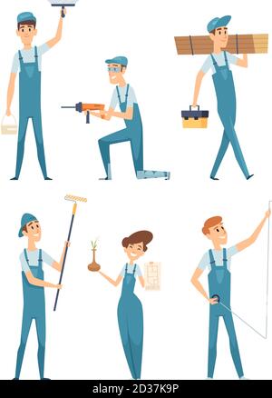 Caratteri di lavoro. Professionisti persone costruttori costruttori fabbrica lavoratori casa riparazione mascotte illustrazioni vettoriali Illustrazione Vettoriale