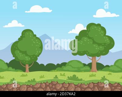 Paesaggio di cartoni animati senza cuciture. Parallax natura panorama terreno con alberi d'erba e rocce vettore sfondo Illustrazione Vettoriale