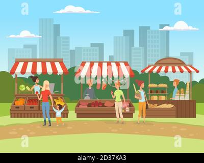 Mercato locale. Cibo luoghi all'aperto nel paesaggio urbano bazar proprietari con frutta verdura carne e vettore di latte cartone animato sfondo Illustrazione Vettoriale