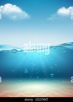 Paesaggio oceanico realistico. Acqua fluente acqua trasparente bolle spruzzi luce alba marina superficie vettore natura sfondo Illustrazione Vettoriale