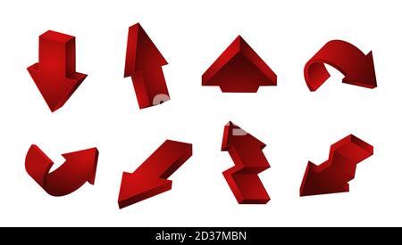 Collezione di frecce rosse 3D. Frecce di riciclaggio Vector Up Down isolate su sfondo bianco Illustrazione Vettoriale