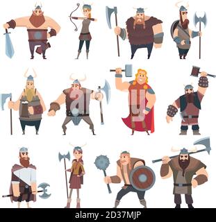 Cartone animato vichingo. Personaggi mitologici scandinavi costume norvegese personaggi vichinghi guerrieri maschili e femminili illustrazioni vettoriali Illustrazione Vettoriale