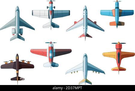 Vista dall'alto dell'aeromobile. Collezione di aerei civili e militari in immagini vettoriali in stile piatto Illustrazione Vettoriale