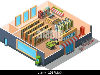 Interno supermercato. Sezione trasversale del centro commerciale per la costruzione del mercato al dettaglio con sezioni di attrezzature e generi alimentari 3d basso vettore poliisometrico Illustrazione Vettoriale