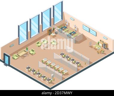Ufficio isometrico. Grande area di lavoro aperta aziendale costruzione di armadi interni con tavoli sedie e attrezzature per dirigenti vettoriali Illustrazione Vettoriale