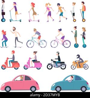 Trasporto urbano. Persone che cavalcano città veicolo bicicletta guida scooter elettrico skate segway vettore cartoni animati illustrazioni Illustrazione Vettoriale