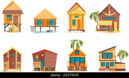 Case tropicali. Bungalow spiaggia edifici isola casa per vacanza estate vettore appartamento collezione di immagini Illustrazione Vettoriale