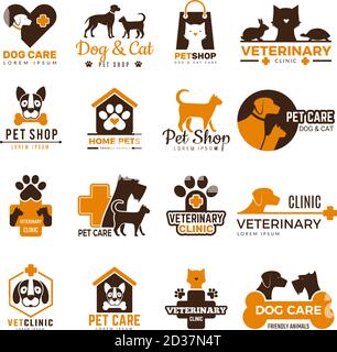 Logo Vet Clinic. Animali domestici negozio gatti cani animali domestici protezione amichevole divertente simboli raccolta vettoriale Illustrazione Vettoriale