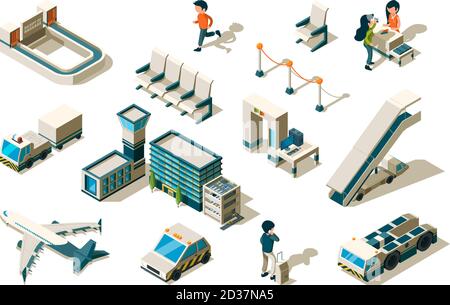 Isometrica dell'aeroporto. Apparecchiature terminali di sicurezza che controllano i passeggeri scaletta bagaglio stazione di ingresso servizio di arrivo raccolta vettoriale Illustrazione Vettoriale