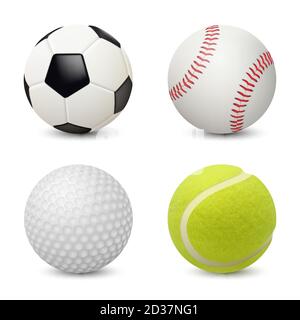 Palle sportive. Baseball calcio tennis golf vettore attrezzature sportive realistiche Illustrazione Vettoriale