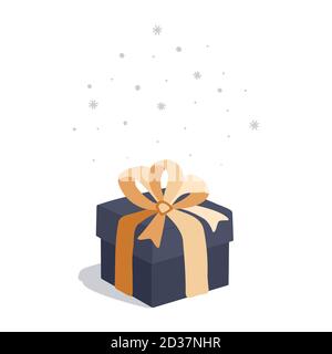 Illustrazione vettoriale. La scatola festiva è legata con un nastro giallo e arco. Fiocchi di neve che cadono dall'alto. Illustrazione Vettoriale
