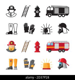 Accessori per vigili del fuoco, icone vettoriali per strumenti antincendio isolate su sfondo bianco. Illustrazione di pompieri e casco, accessori e strumenti per la sicurezza Illustrazione Vettoriale