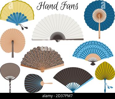 Fan asiatici. Colorato mano tradizionale ventilatore isolato su sfondo bianco, carta pieghevole pittura vettoriale ventilatori Illustrazione Vettoriale