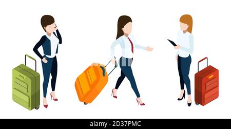 Concetto di viaggio d'affari. Donne d'affari con valigie. Bagagli isometrici vettoriali e ragazze Illustrazione Vettoriale
