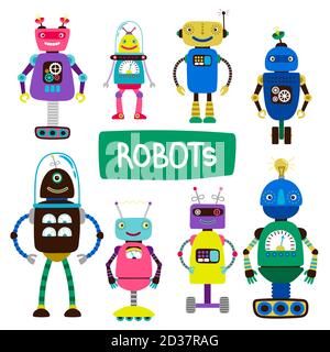 Robot Cartoon Kids di set vettoriale illustrazione. Giocattolo robot, collezione di personaggi macchina colorati Illustrazione Vettoriale