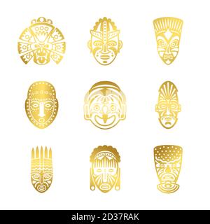 Icone di maschera tribale d'oro, vettore di maschere etniche isolato su sfondo bianco. Illustrazione totem della cultura etnica, dio africano Illustrazione Vettoriale