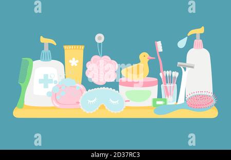 Accessori per l'igiene del bagno e cosmetici composizione vettoriale su sfondo blu Illustrazione Vettoriale