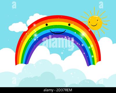 Arcobaleno nel cielo. Cartoon sorridente arcobaleno in nuvole con chiaro vettore di sole illustrazione Illustrazione Vettoriale