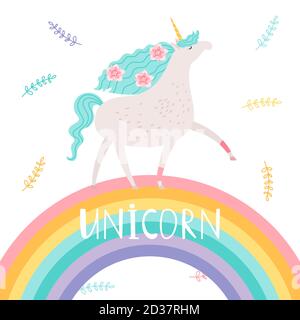 Unicorno cartoon con fiori e arcobaleno, modello di carta vettoriale stampabile Illustrazione Vettoriale