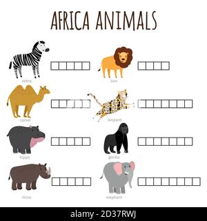 Gioco di parole per i bambini come chiamato african Animals illustrazione vettoriale. Leone africano in crossword bambini, leopardo e ippopotamo Illustrazione Vettoriale