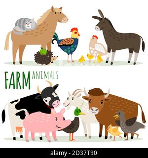 Animali da fattoria cartoni animati personaggi vettoriali gruppi isolati su sfondo bianco Illustrazione Vettoriale