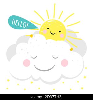 Cartoon carino carattere sole dire ciao vettore carta stampabile Illustrazione Vettoriale