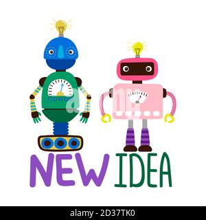 Robot maschili e femminili illustrazione vettoriale - nuova idea card o disegno di stampa. Robot tecnologia carattere, cartoon intelligence android Illustrazione Vettoriale