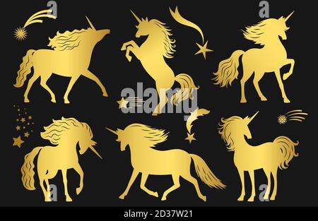 Unicorni dorati magici e stelle cadenti insieme vettoriale. Illustrazione di unicorno magico con fantasia di stella, creatura di fiaba di doodle Illustrazione Vettoriale