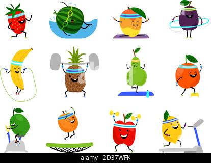 Sport frutta personaggi. Divertenti alimenti di frutta su esercizi sportivi, fitness vitaminico umano sana nutrizione illustrazione vettoriale Illustrazione Vettoriale