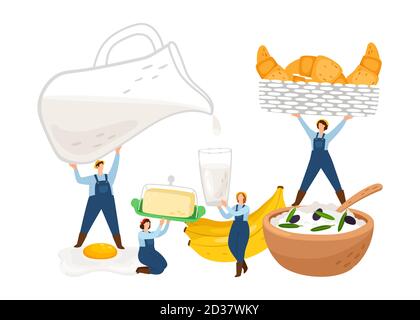 Illustrazione della colazione. Piccoli personaggi contadini con latte, pane, burro, frutta isolati su sfondo bianco. Illustrazione del latte e delle uova per la colazione, della frutta e della bevanda Illustrazione Vettoriale