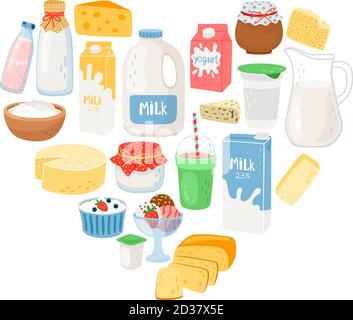 Latte e prodotti di diario a forma di cuore, poster vettoriale con sfondo bianco Illustrazione Vettoriale
