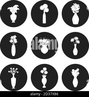 Silhouette di bouquet di fiori. Bouquet vettoriali di fiori in vasi icone decorazione Illustrazione Vettoriale