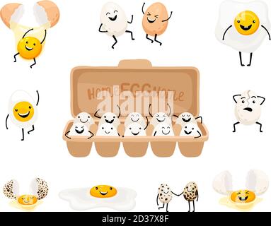 Simpatico uovo facce. Uova di Pasqua amici con divertente set vettoriale viso, amichevole colazione uova persone isolato su sfondo bianco Illustrazione Vettoriale