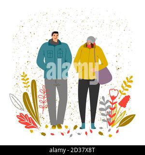 Illustrazione del vettore temporale autunnale. Personaggi uomo e donna, umore autunnale. Donna e uomo camminano nel parco autunnale Illustrazione Vettoriale