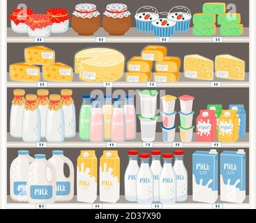 Latticini nel supermercato. Prodotti di fattoria di latte su scaffali in negozio di alimentari, bottiglie di latte e yogurt, formaggio e panna acida in frigorifero negozio, illustrazione vettoriale Illustrazione Vettoriale