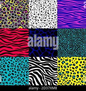 Set di modelli di pelle animale. Macchie di leopardo e zebra strisce sfondi, giraffe safari, giungla serpente stampa senza cuciture texture cornici, colorati astratti animali pelli, illustrazione vettoriale Illustrazione Vettoriale