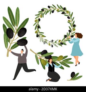 Le persone detengono rami di olive e raccolta di vettori di corona di olivo. Illustrazione wreath oliva ramo, foglia albero floreale Illustrazione Vettoriale