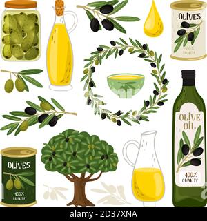 Illustrazione vettoriale dei simboli delle olive. Olive in lattina metallica e bottiglia d'olio d'oliva per cucinare, bottiglie e ciotola, falce e olivo isolato su fondo bianco Illustrazione Vettoriale